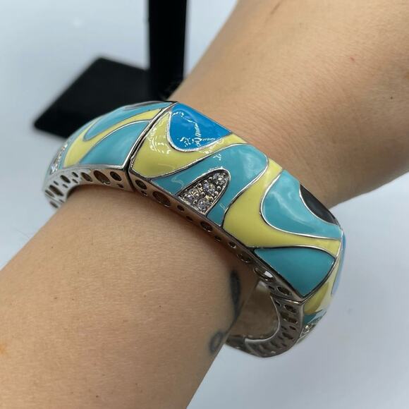 Vintage Blue & Yellow Swirl Enamel Stretch Bracelet - Picture 1 of 6